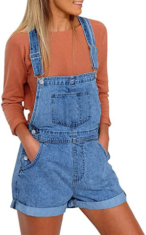 Women's Ripped Denim Bib Overall Shorts Raw Hem Shortall Jeans