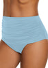 Side view of model wearing baby blue high waist ruched swim bottom