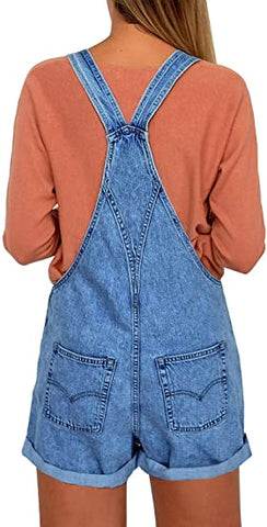 Women's Ripped Denim Bib Overall Shorts Raw Hem Shortall Jeans