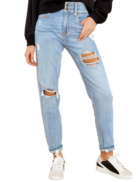 Model wearing Sky Blue Double-Button Distressed Denim Jeans