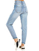 Back view of model wearing Sky Blue Double-Button Distressed Denim Jeans
