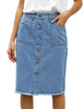 Front view of model wearing blue frayed hem button-down midi denim skirt