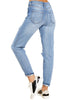 Back view of model wearing blue cuffed ripped denim boyfriend jeans