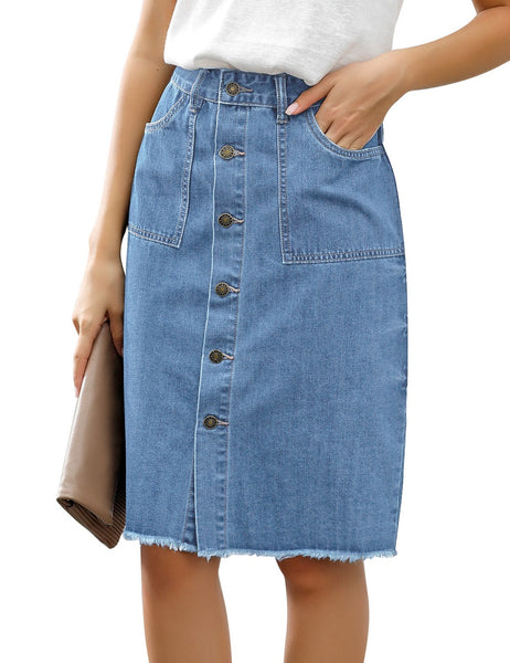 Angled view of model wearing blue frayed hem button-down midi denim skirt