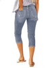 Back view of model wearing sky blue below-knee cropped skinny denim jeans