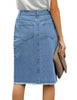 Back view of model wearing blue frayed hem button-down midi denim skirt