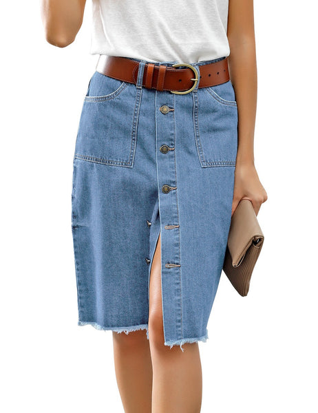 Model wearing blue frayed hem button-down midi denim skirt