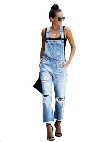 Women's Casual Ripped Denim Bib Overalls Stretch Jeans Pants Jumpsuits