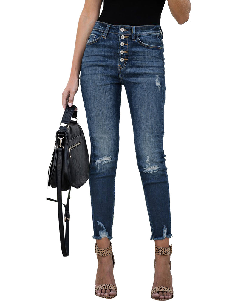 Women's Blue High-Waist Button-Up Raw Hem Ripped Cropped Jeans ...