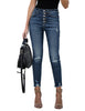 Front view of model wearing blue high-waist button-up frayed raw hem ripped cropped jeans