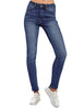 Model wearing blue mid-waist skinny fit denim jeans