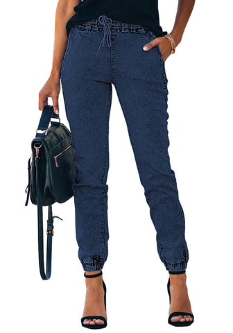 Deep Blue Elastic-Waist Welt Pockets Denim Jogger Pants