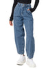 Front view of model wearing dark blue high-waist loose denim mom jeans