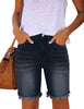 Front view of model wearing frayed hem fitted bermuda shorts - dark blue 