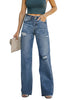 Front view of model wearing Dark Blue Ripped Knee Wide-Leg Straight Jeans