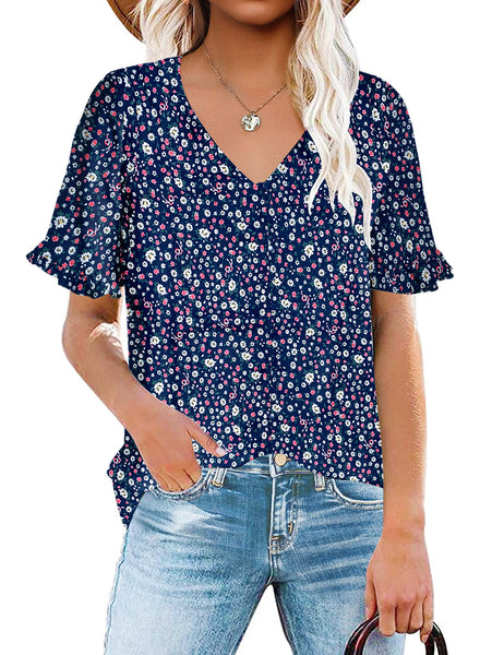 Blue Ruffle Trim Short Sleeves Printed V-Neck Button-Down Top