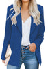 Front view of model wearing blue lapel front-button side-pockets blazer