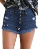 Front view of model wearing dark blue raw hem distressed high-waist buttons jeans shorts