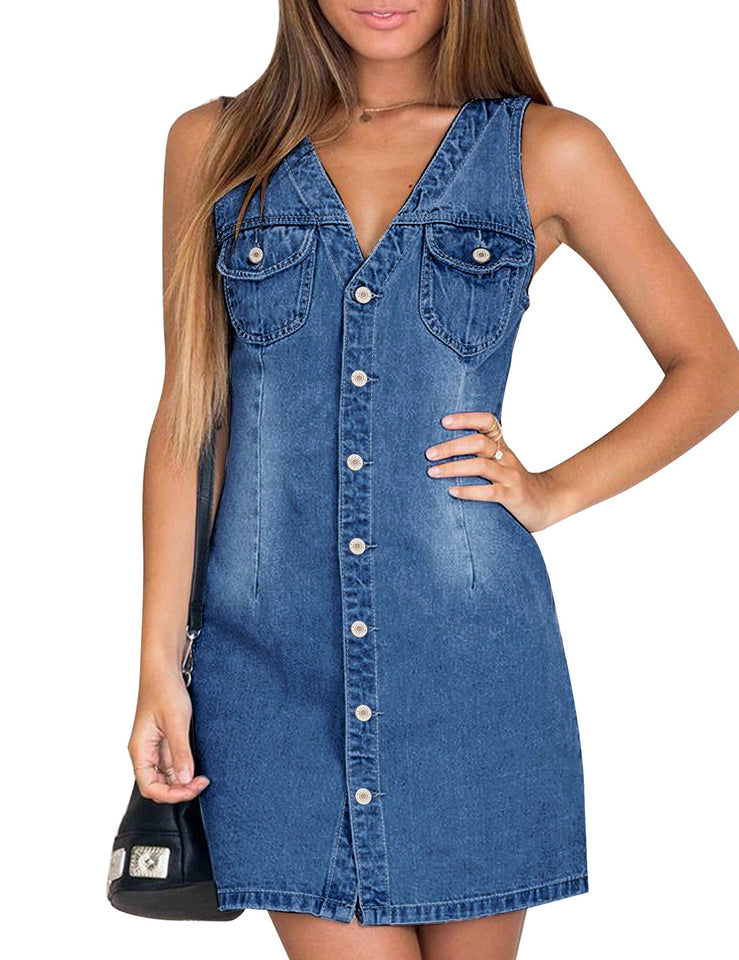denim dress in store Women Sleeveless V Neck Button Down Frayed Hem Short Denim Dress – Lookbook Store