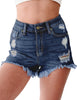 Font view of model wearing dark blue high-waist frayed raw hem ripped denim shorts