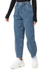 Model poses wearing dark blue high-waist loose denim mom jeans