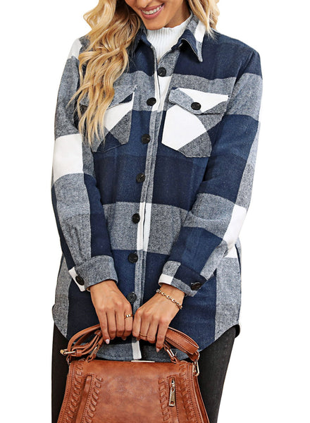 Front view of model wearing dark blue plaid long sleeves button down jacket