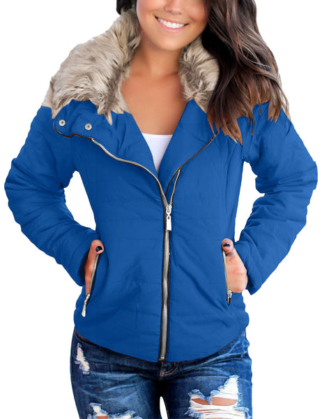 Blue Women Casual Faux Fur Lapel Zip Pockets Quilted Parka Jacket Puffer Coat