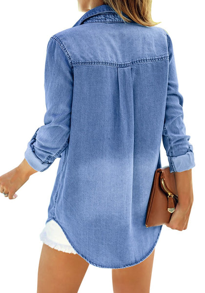 Back view of model wearing blue long sleeves button-down denim shirt