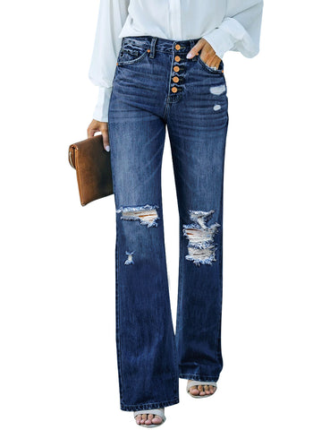 Dark Blue High Waisted Ripped Flare Jeans for Women Distressed Bell Bottom Jeans Wide Leg Pants