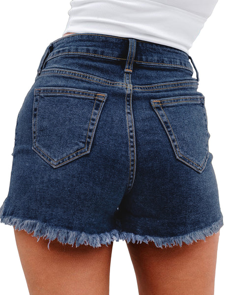 Back view of model wearing dark blue high-waist frayed raw hem ripped denim shorts