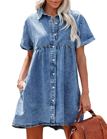 Reef Blue Women's Short Sleeve Button Down Flowy Tiered Babydoll Denim Dress