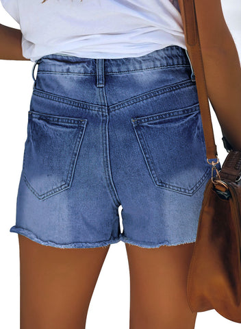 Blue High Waist Ruched Hem Distressed Denim Shorts