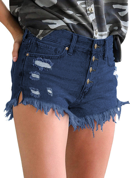 Angled shot of model wearing dark blue raw hem distressed high-waist buttons jeans shorts
