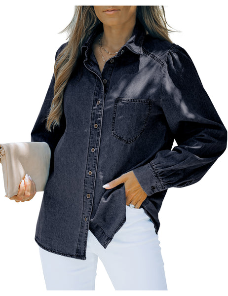 Posing model wearing dark blue puff sleeves button-down top