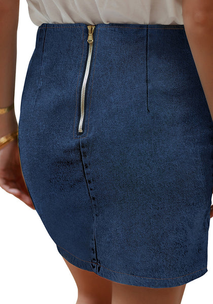 Back view of model wearing dark blue tulip ruched denim mini skirt