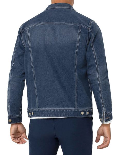 Back view of model wearing dark blue men's basic button down denim jacket