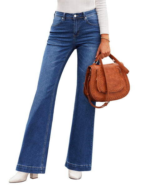 Front view of model wearing dark blue mid-waist stretchable straight leg denim jeans