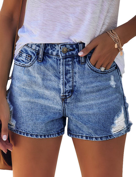 Frontal view of model wearing Deep Blue Mid-Waist Distressed Washed Denim Shorts
