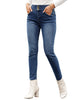 Angled view of model wearing light blue triple button fleece-lined skinny denim jeans