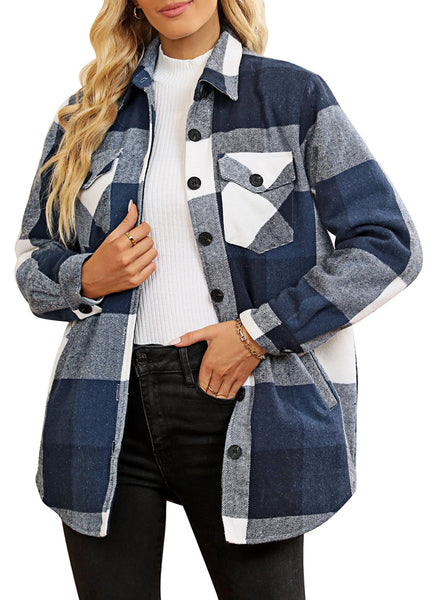 Front view of model wearing dark blue plaid long sleeves button down jacket