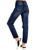 Back view of model wearing blue floral-print patch ripped rolled hem denim boyfriend jeans