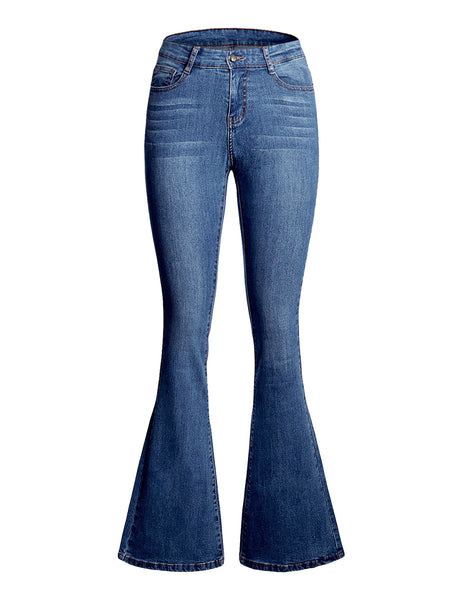 3D image of blue mid-waist wide leg flared denim jeans