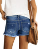 Back view of model wearing dark blue double button frayed hem ripped denim shorts