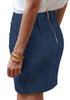 Angled back view of model wearing dark blue tulip ruched denim mini skirt