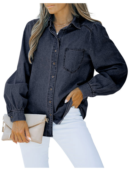Front view of model wearing dark blue puff sleeves button-down top