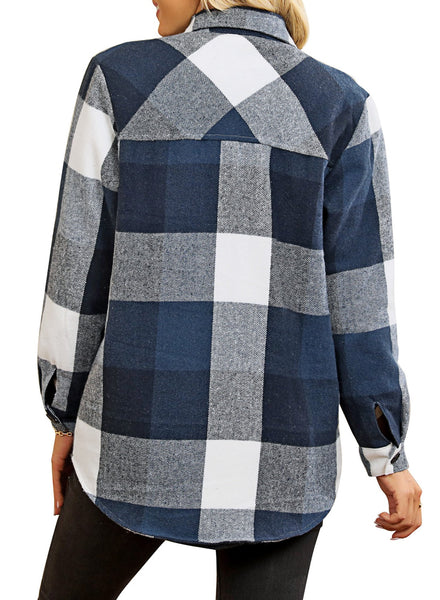 Back view of model wearing dark blue plaid long sleeves button down jacket