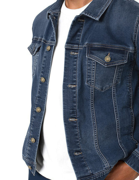 Closeup view of dark blue men's basic button down denim jacket