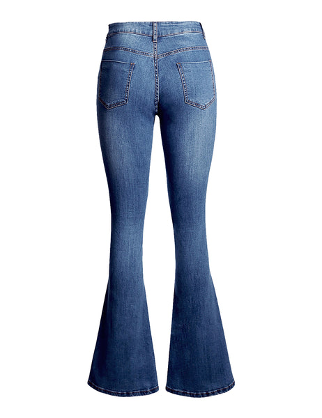 Blue Mid-Waist Wide Leg Flared Denim Jeans