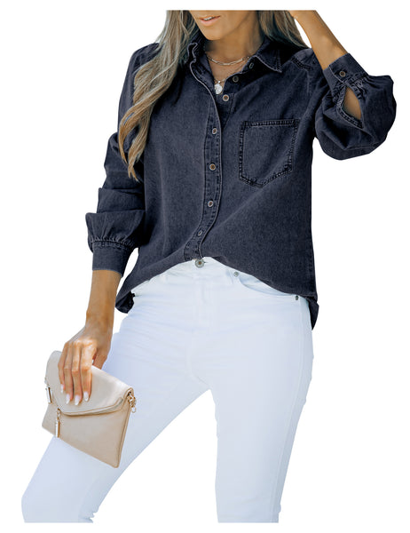 Front view of model wearing dark blue puff sleeves button-down top