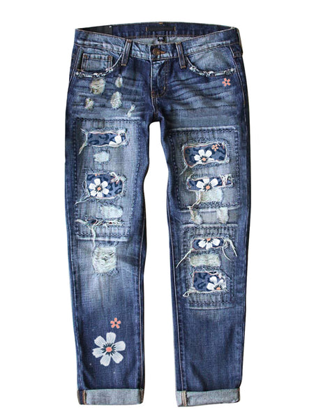 3D image of blue floral-print patch ripped rolled hem denim boyfriend jeans